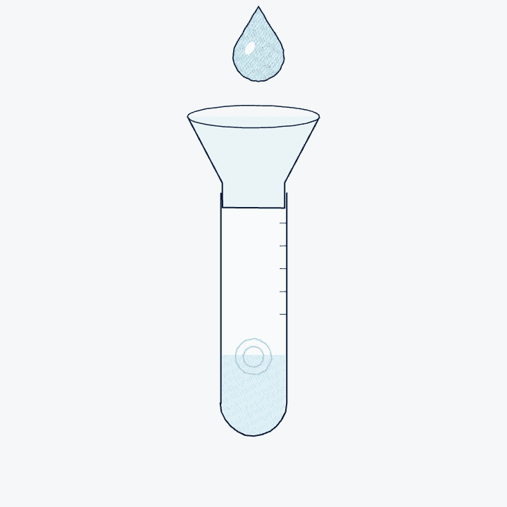Ink drawing of a drop falling through a funnel into a collection tube.