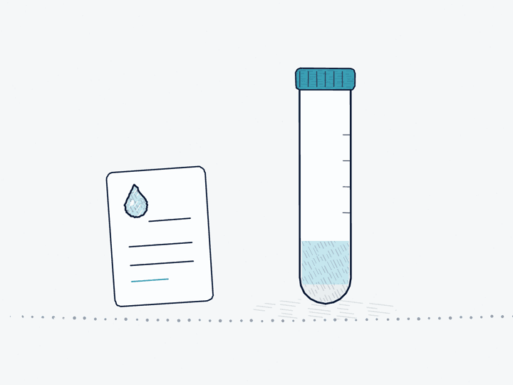 Ink drawing of a saliva collection tube, capped, beside its instruction card.