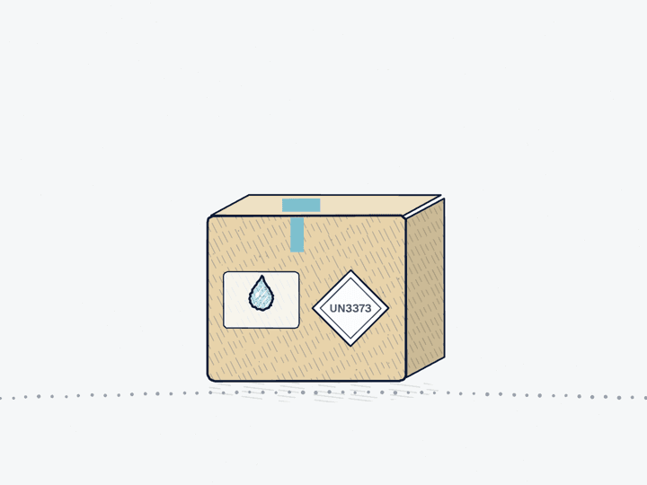 Ink drawing of a parcel with a biological-substance diamond label arriving at a small lab.